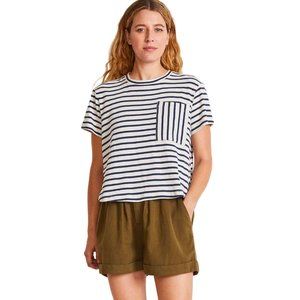 Apiece Apart | Easy Pocket Tee Striped Crop T-Shirt in Navy Cream